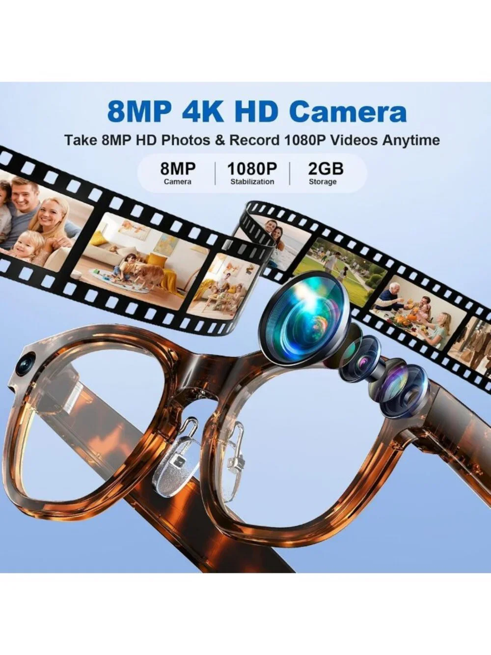 Smart Glasses with 8MP Camera, 1080P Video, Real-Time Translation, Bluetooth